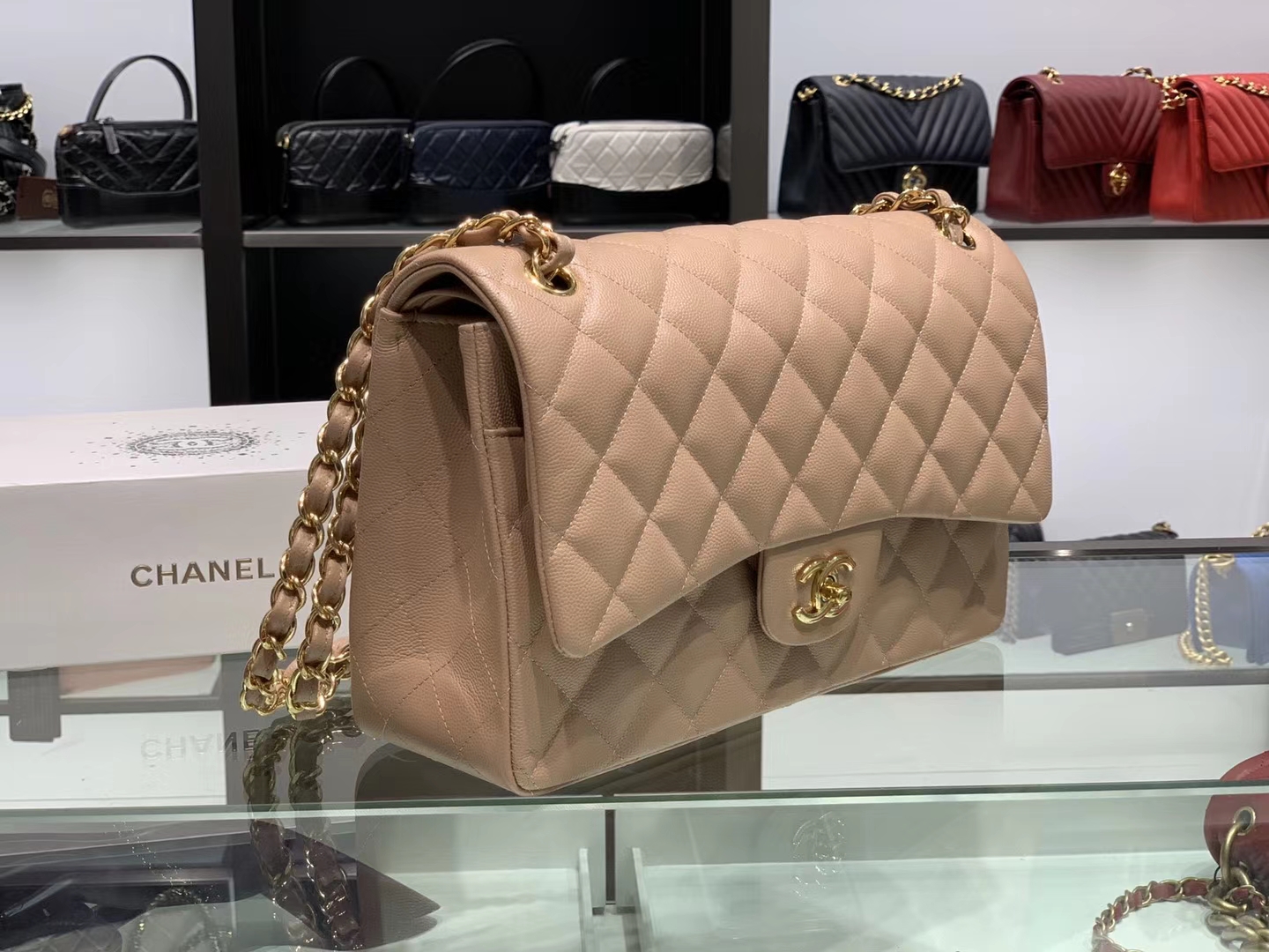 Chanel（香奈儿）cf jumbo 链条包 藕粉色 金扣 30cm