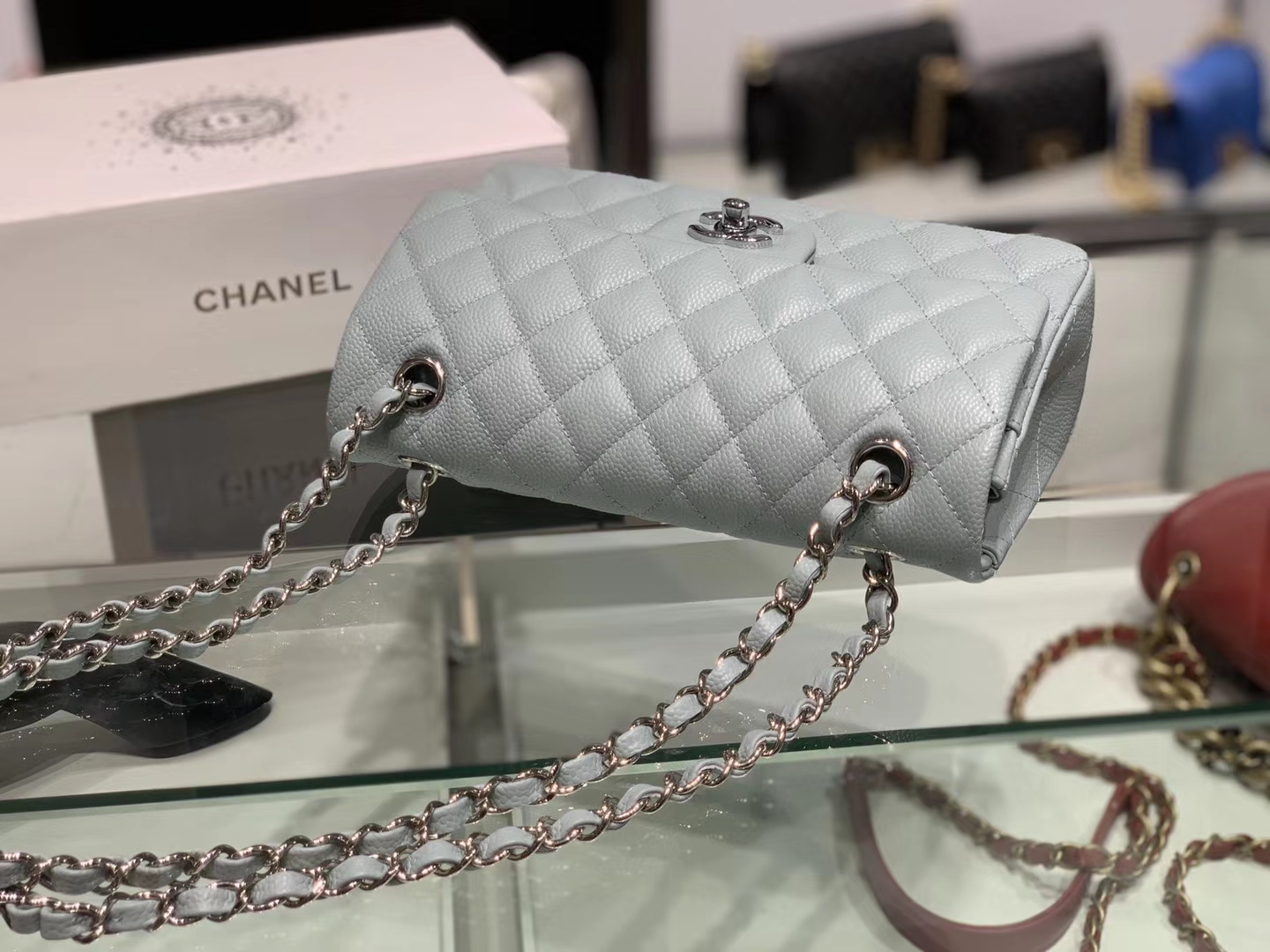 Chanel（香奈儿）cf # 链条包 浅灰蓝 银扣 银链 23cm