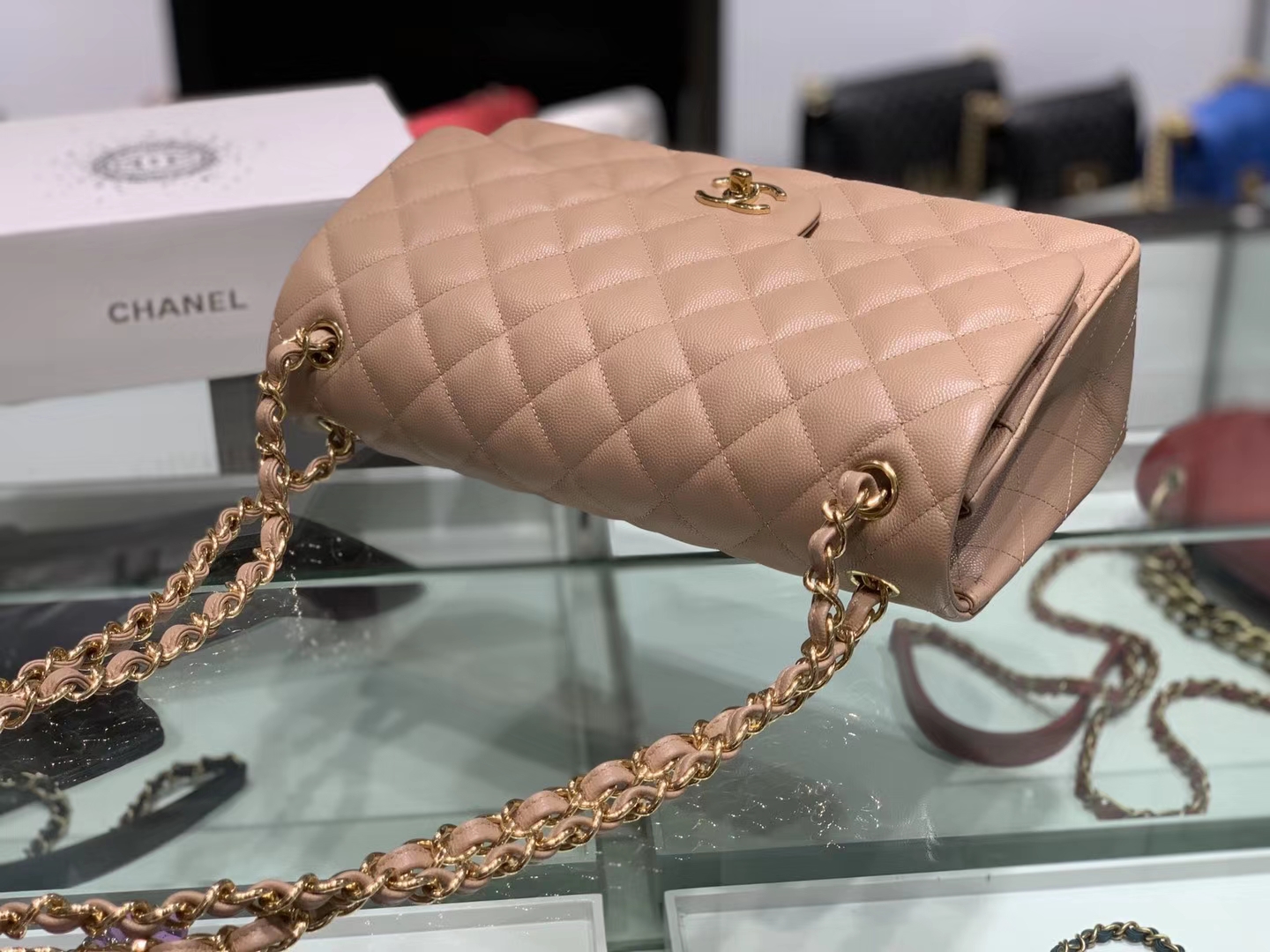 Chanel（香奈儿）cf jumbo 链条包 藕粉色 金扣 30cm