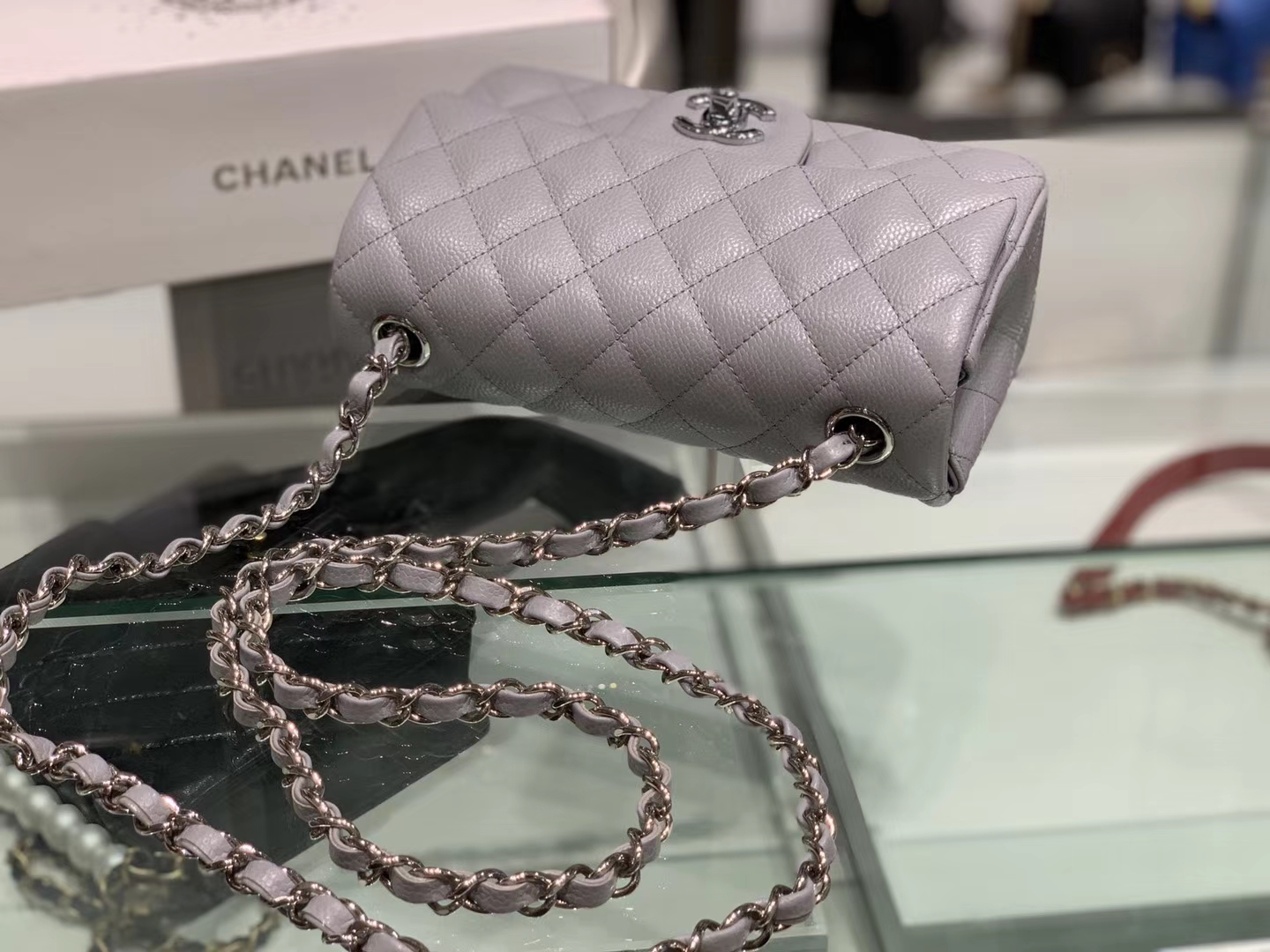 Chanel（香奈儿）cf # 链条包 浅灰色 银扣 银链 20cm