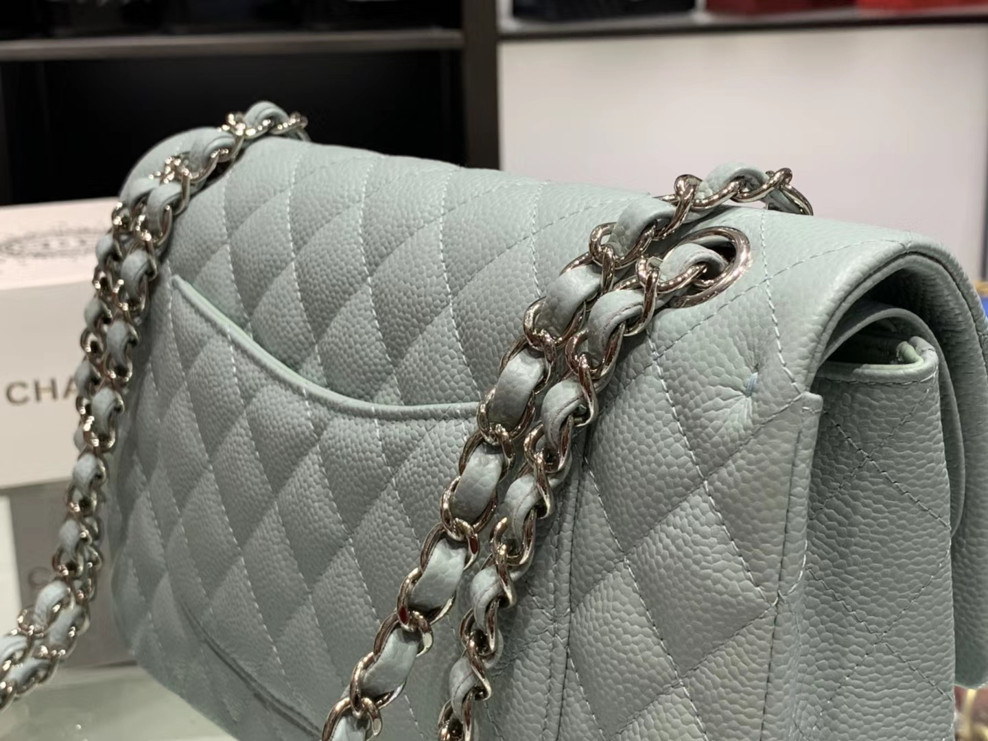 Chanel（香奈儿）cf # 链条包 浅灰蓝 银扣 银链 30cm