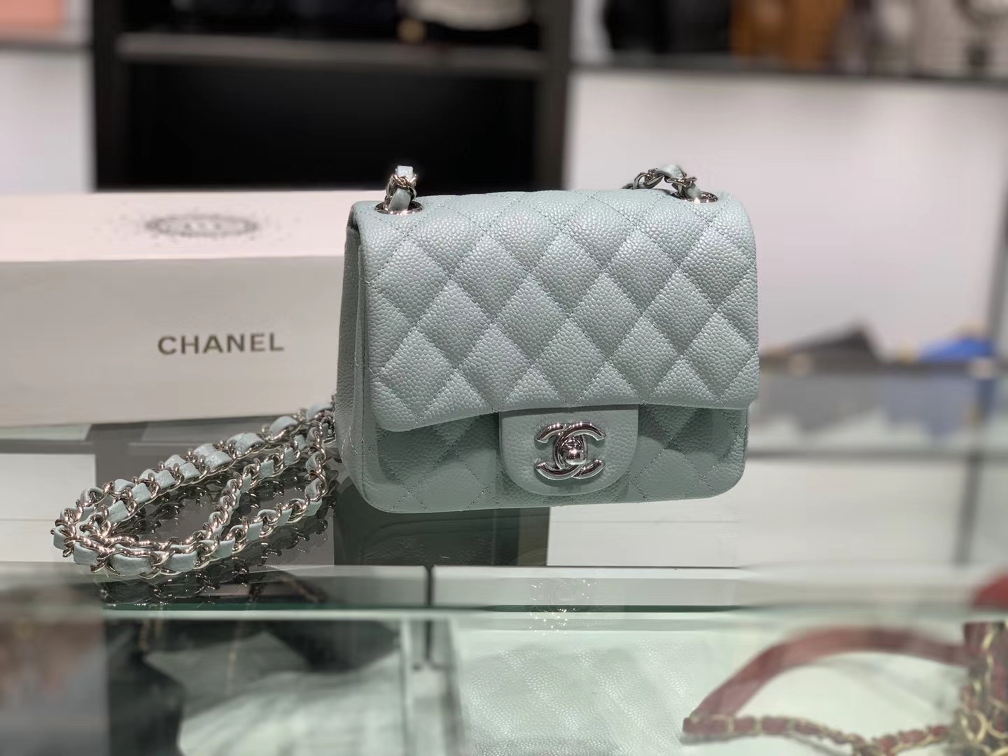 Chanel（香奈儿）cf # 链条包 浅灰蓝 银扣 银链 17cm