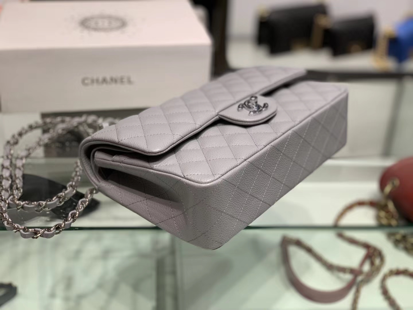 Chanel（香奈儿）cf # 链条包 浅灰色 银扣 银链 30cm