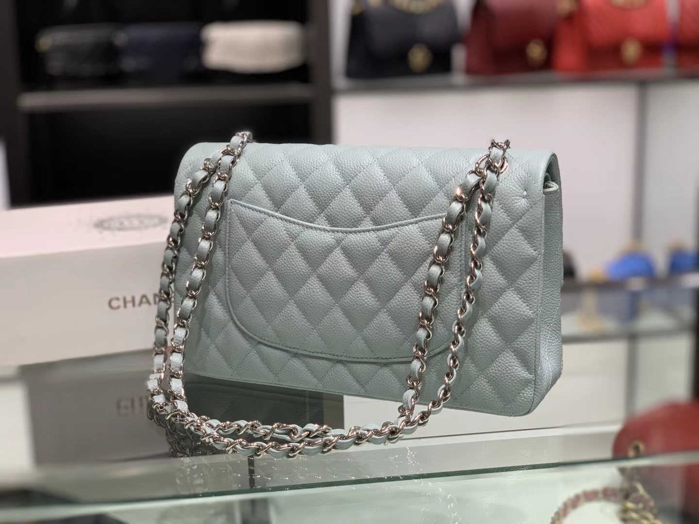 Chanel（香奈儿）cf # 链条包 浅灰蓝 银扣 银链 30cm