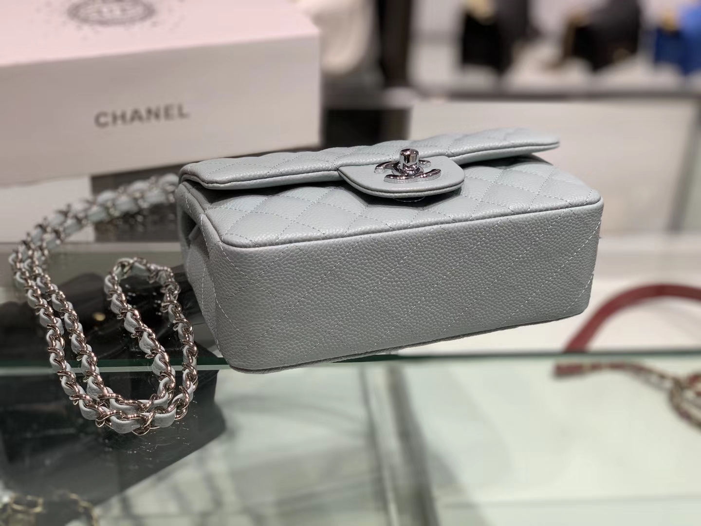Chanel（香奈儿）cf # 链条包 浅灰蓝 银扣 银链 20cm