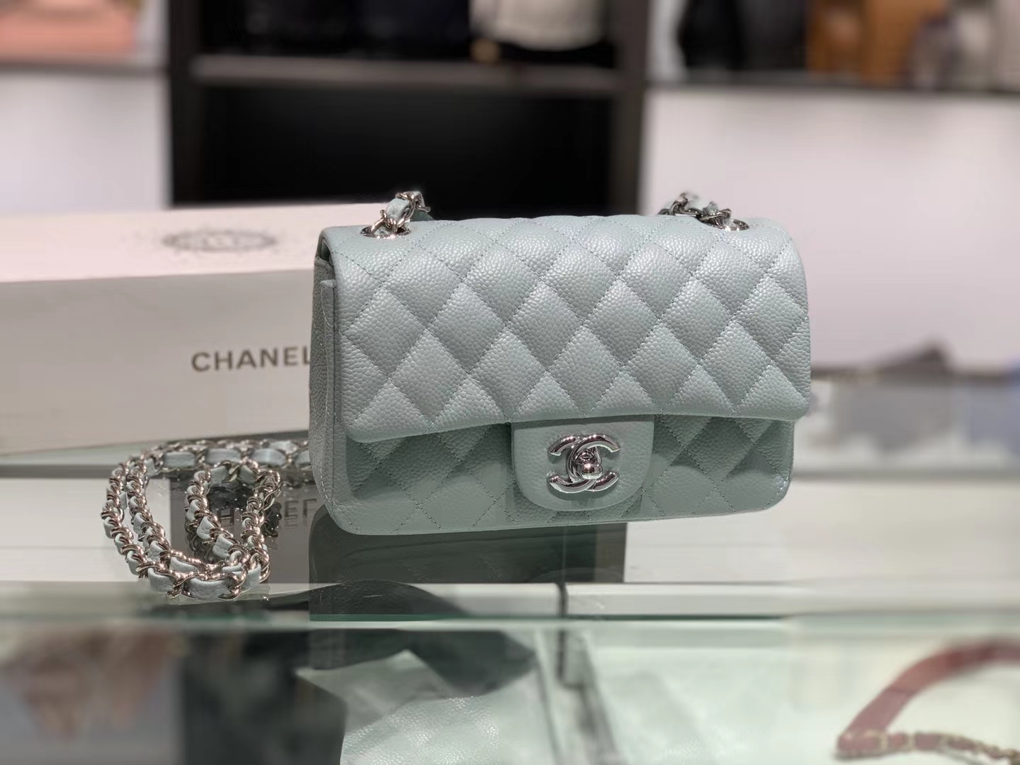 Chanel（香奈儿）cf # 链条包 浅灰蓝 银扣 银链 20cm