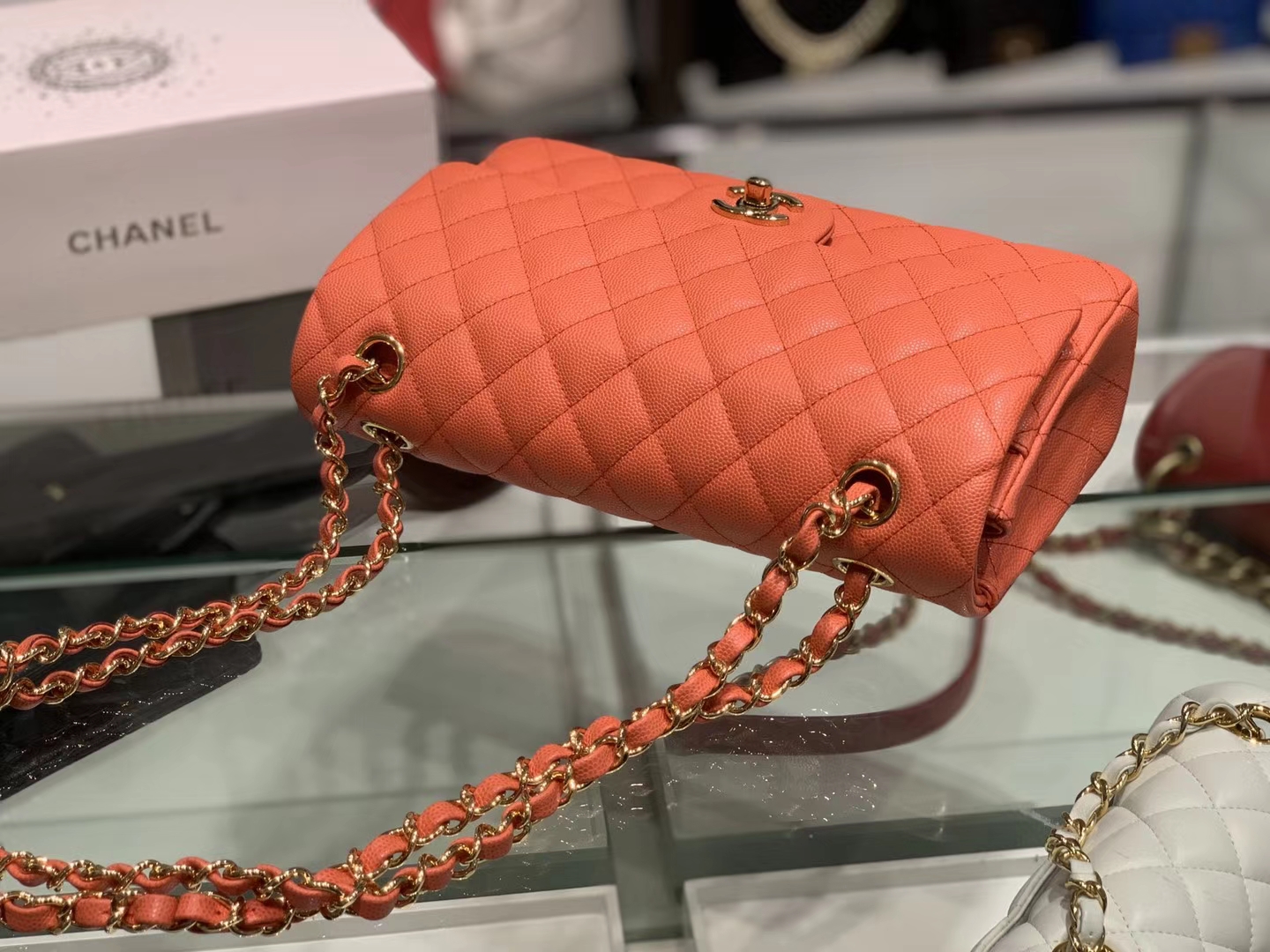 Chanel（香奈儿）cf # 链条包 橙色 细球纹 金扣 金链 25cm