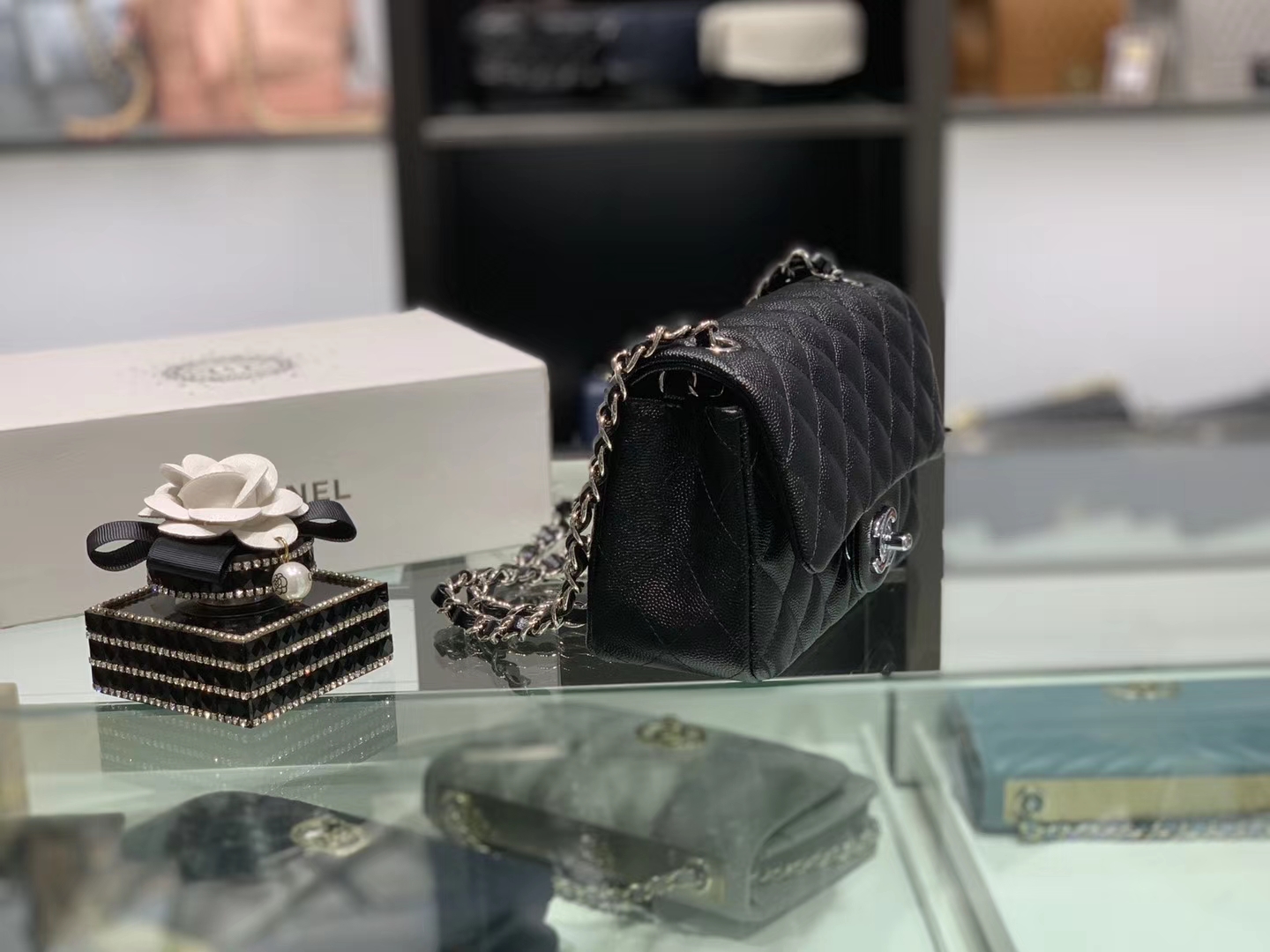Chanel（香奈儿）cf # 链条包 细球纹 黑色 银扣 银链 20cm