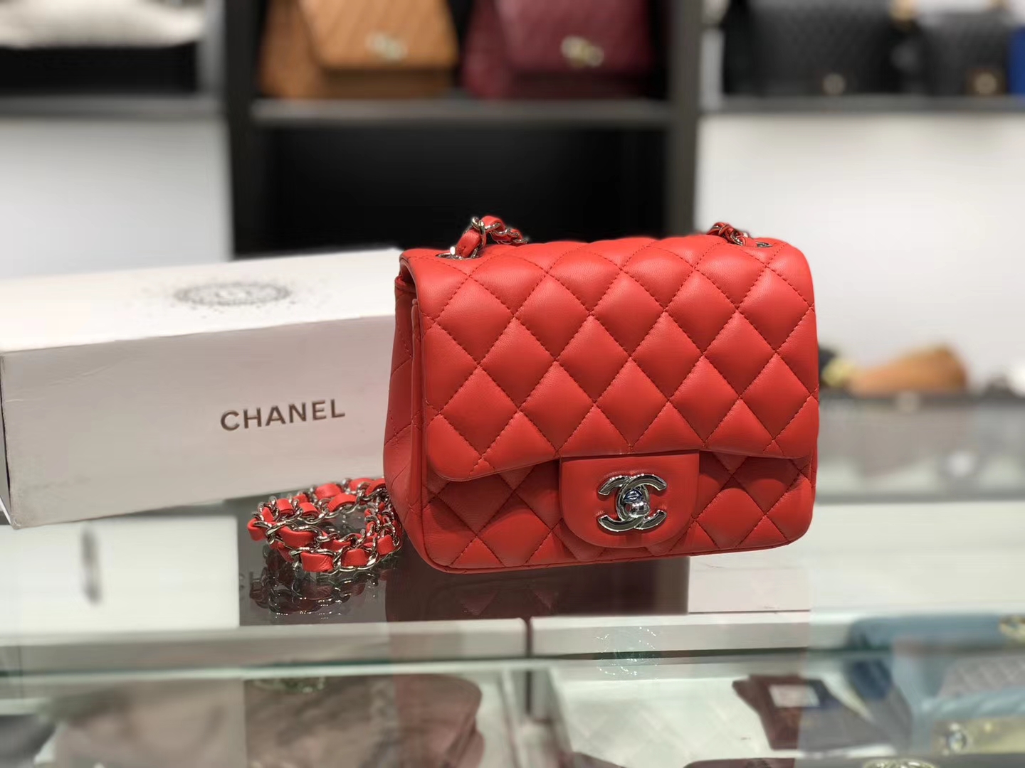 Chanel（香奈儿）cf # 链条包 中国红 羊皮 银扣 银链 17cm