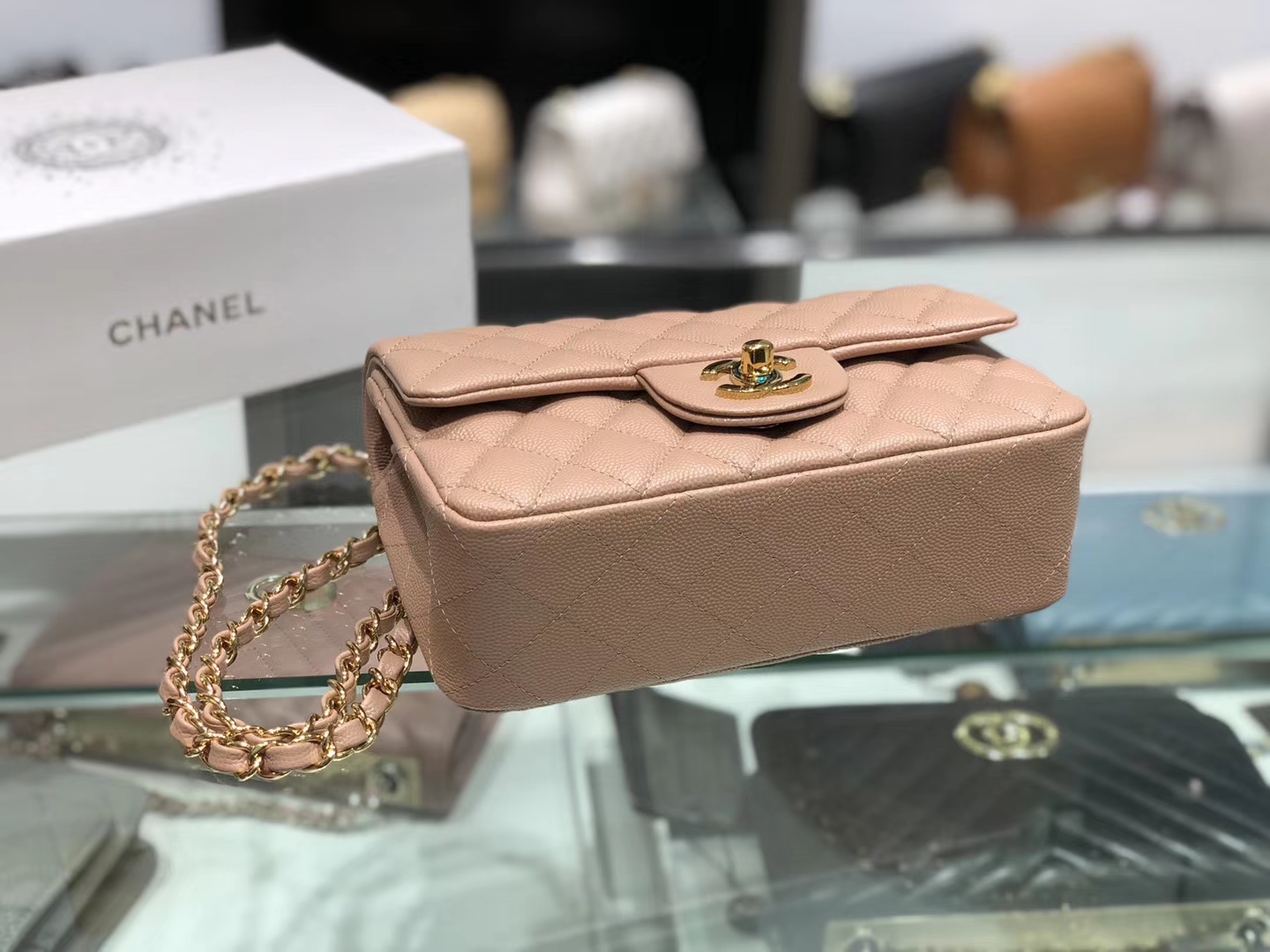Chanel（香奈儿）cf # 链条包 细球纹 奶茶色 金扣 金链 20cm