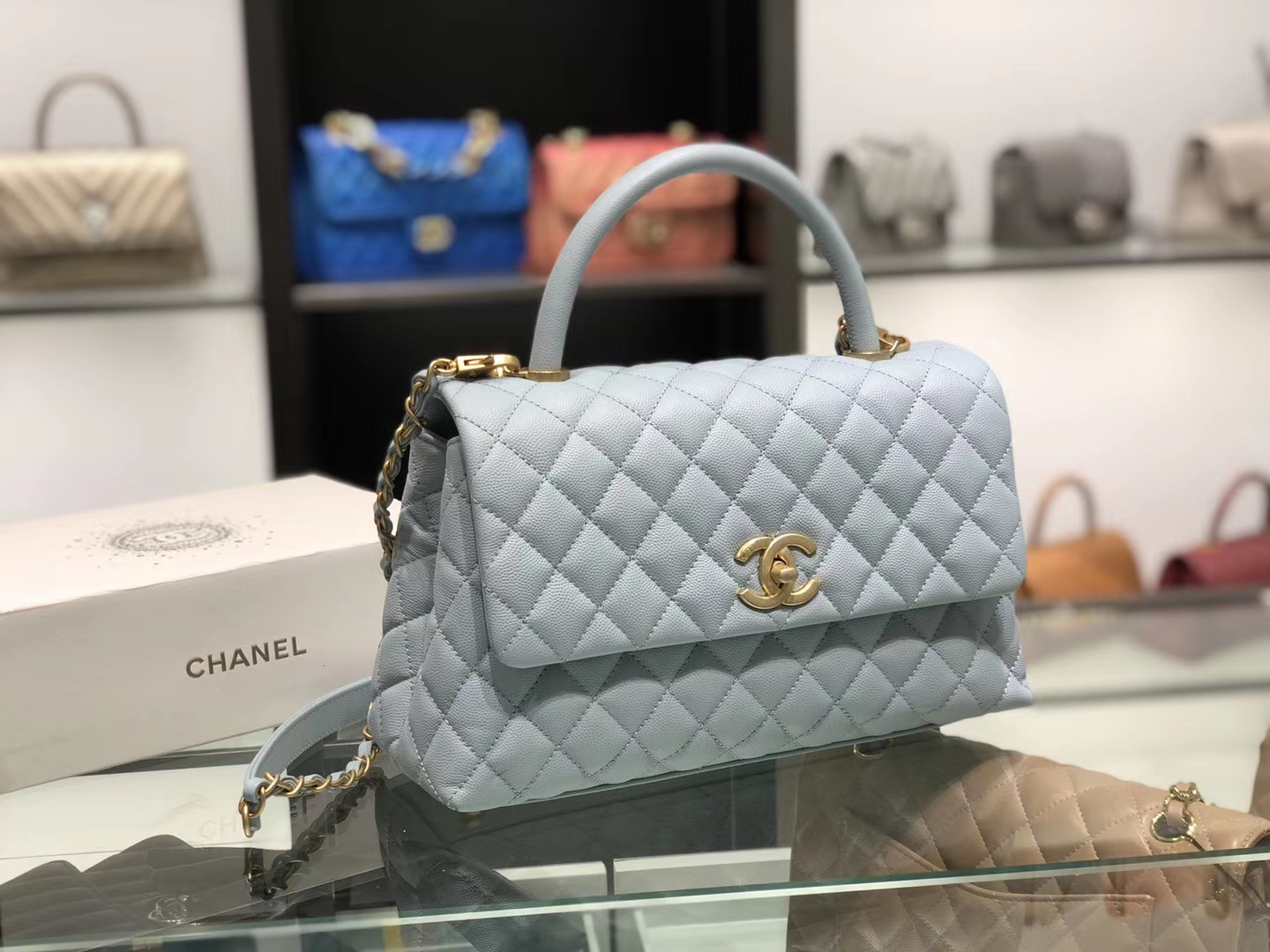 Chanel（香奈儿）coco handle # 中号 菱格包 浅灰蓝 金扣 29cm