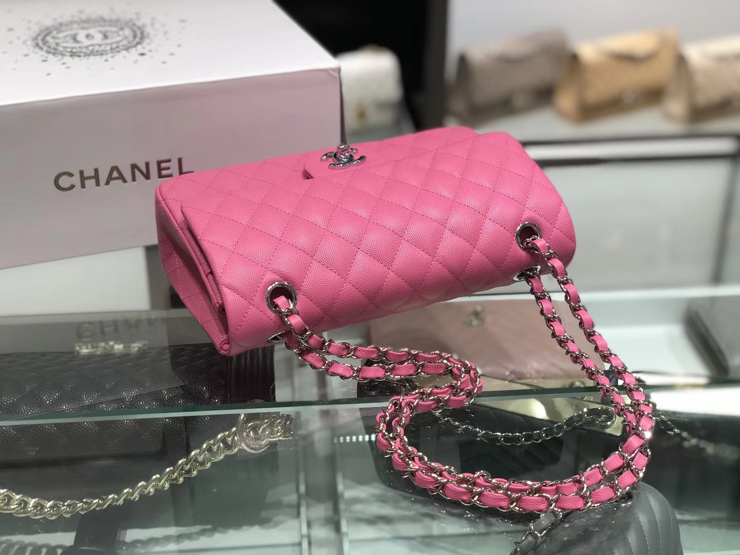 Chanel（香奈儿）cf # 链条包 玫红色 银扣 银链 25cm