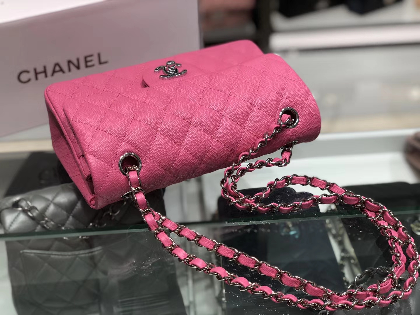 Chanel（香奈儿）cf # 链条包 玫红色 银扣 银链 23cm
