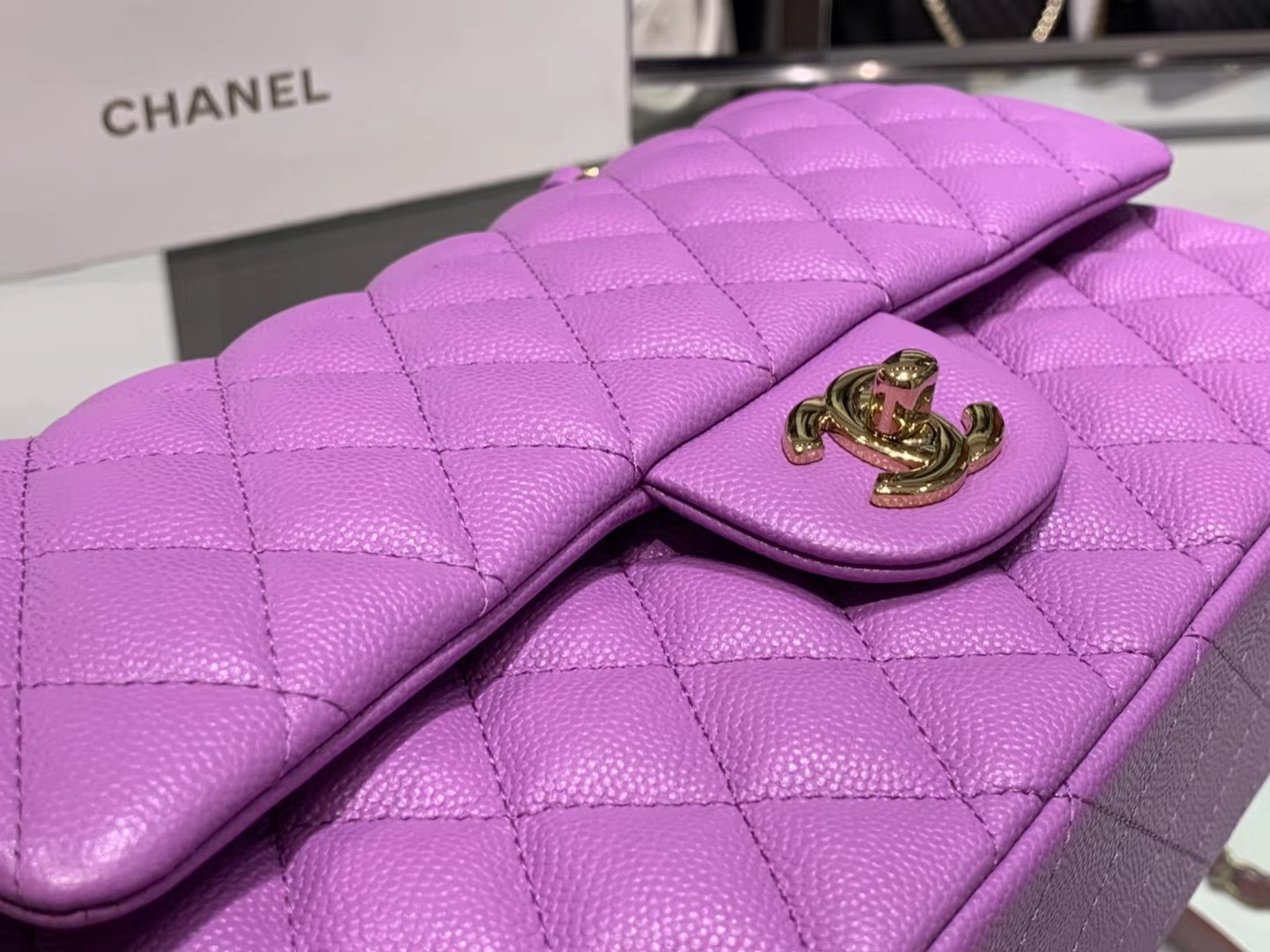 Chanel（香奈儿）cf # 链条包 细球纹 香芋紫 金扣 金链 25cm