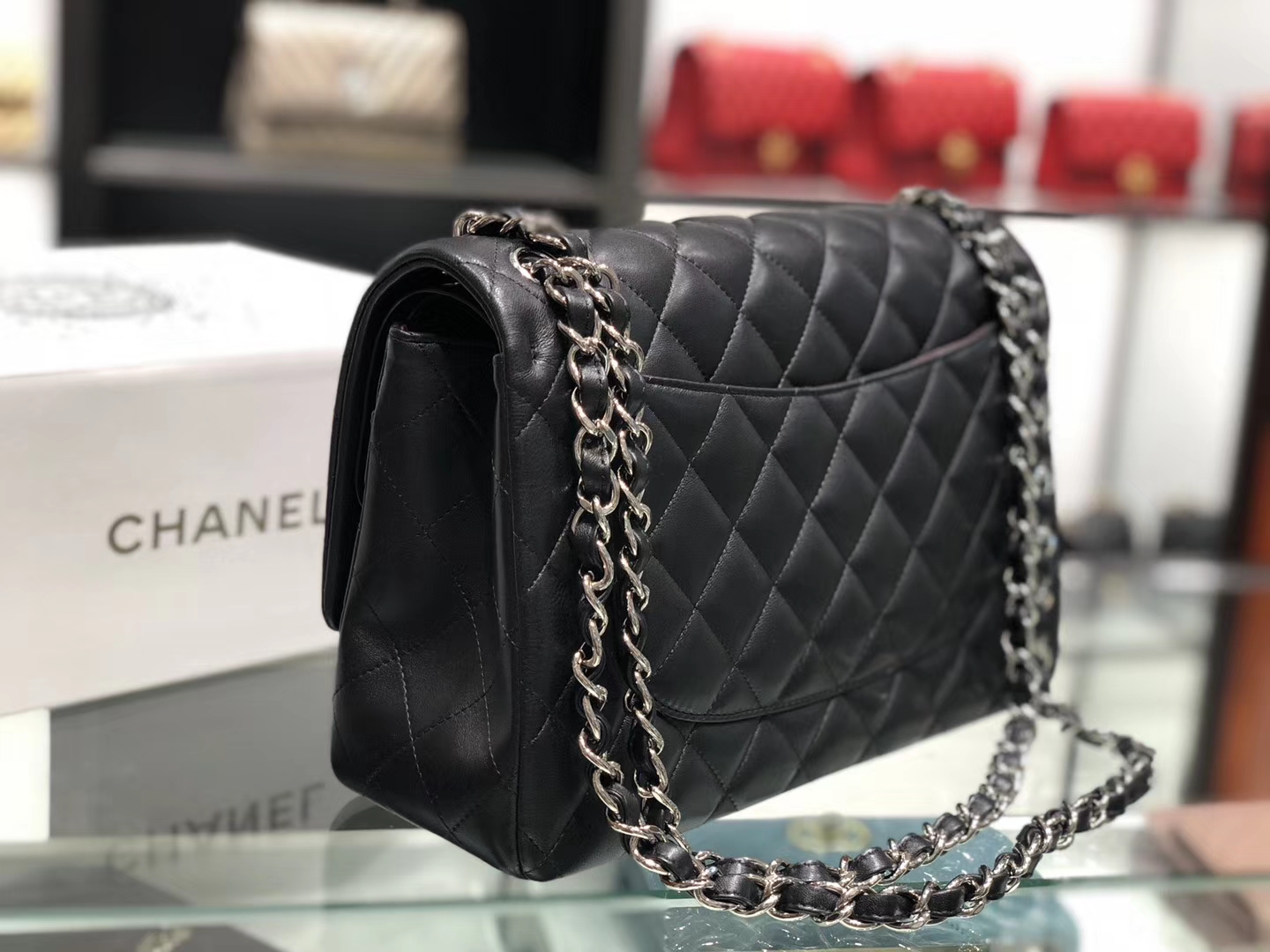 Chanel（香奈儿）cf # 链条包 羊皮 黑色 银扣 银链 30cm