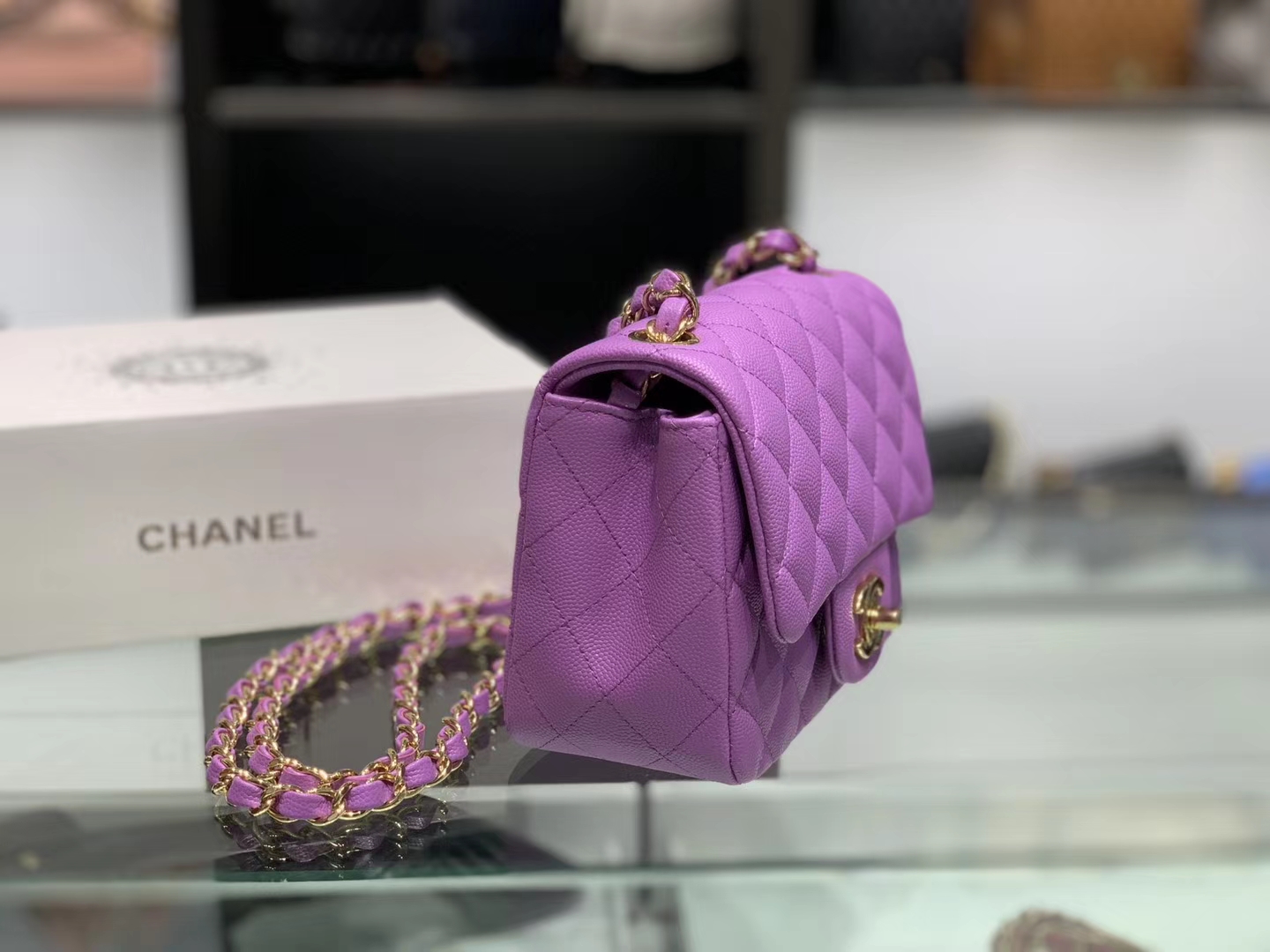 Chanel（香奈儿）cf 链条包 香芋紫 细球纹 金扣 金链 17cm