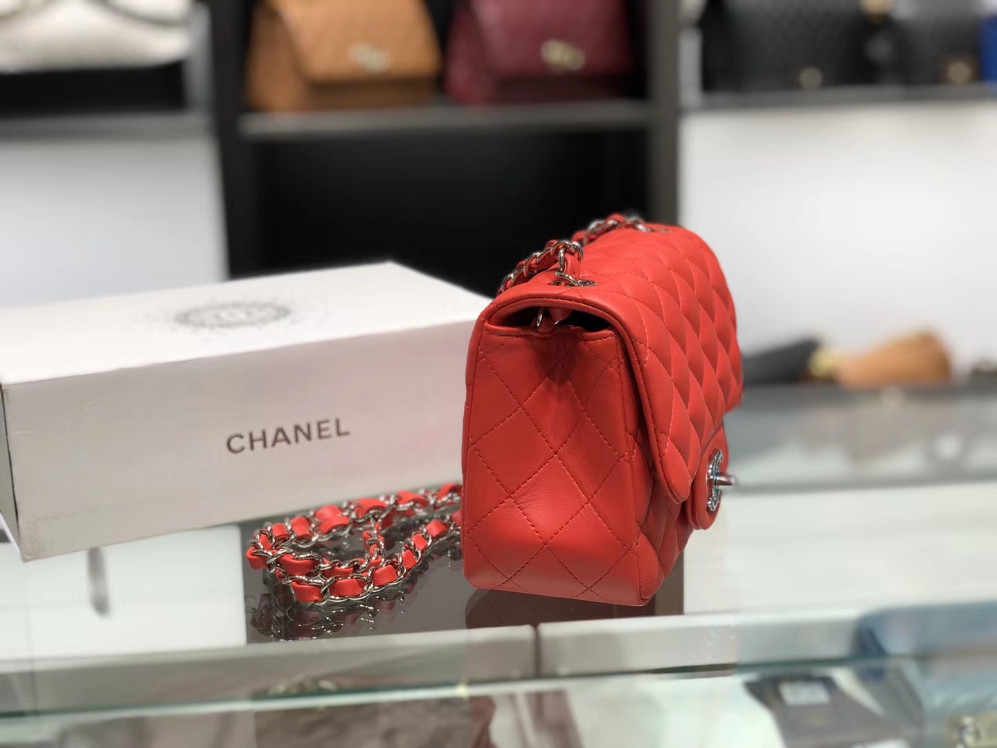 Chanel（香奈儿）cf # 链条包 中国红 羊皮 银扣 银链 17cm