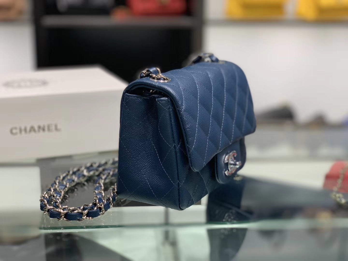 Chanel（香奈儿）cf 链条包 细球纹 藏蓝色 银扣 银链 17cm