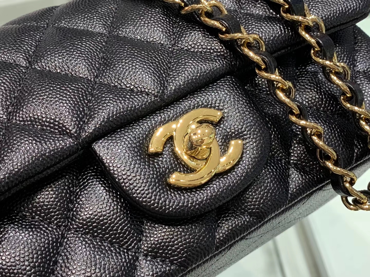 Chanel（香奈儿）cf # 链条包 细球纹 黑色 金扣 金链 20cm
