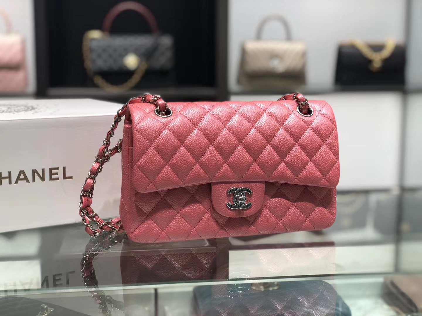 Chanel（香奈儿）cf # 链条包 桃粉色 银扣 银链 23cm