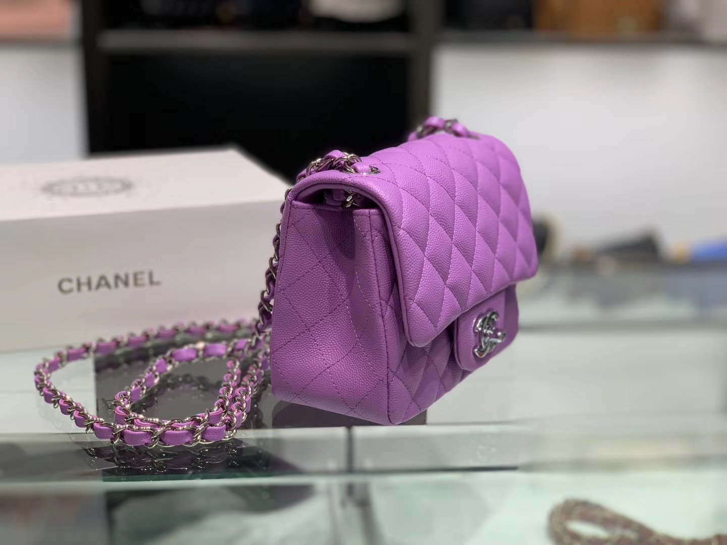 Chanel（香奈儿）cf  链条包 香芋紫 细球纹 银扣 银链 17cm