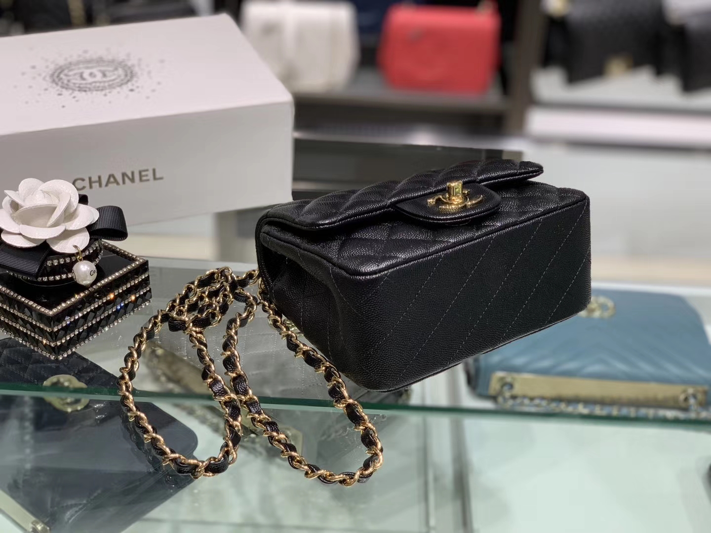 Chanel（香奈儿）cf 链条包 方胖子 细球纹 黑色 金扣 金链 17cm