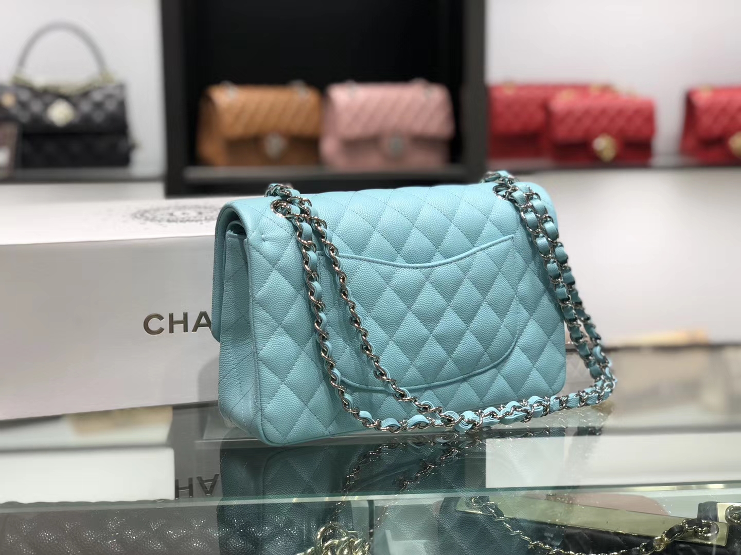 Chanel（香奈儿）cf # 链条包 薄荷蓝 细球纹 银扣 银链 25cm