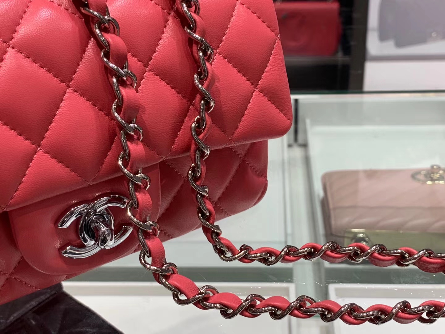 Chanel（香奈儿）cf # 链条包 mini 粉色 银扣 银链 20cm