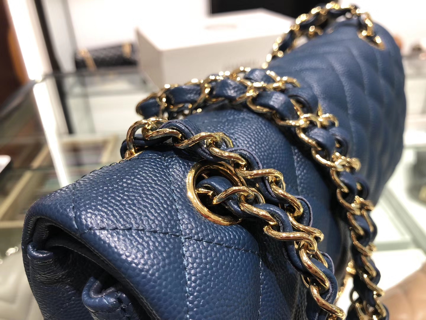 Chanel（香奈儿）cf # 链条包 藏蓝 细球纹 金扣 金链 25cm