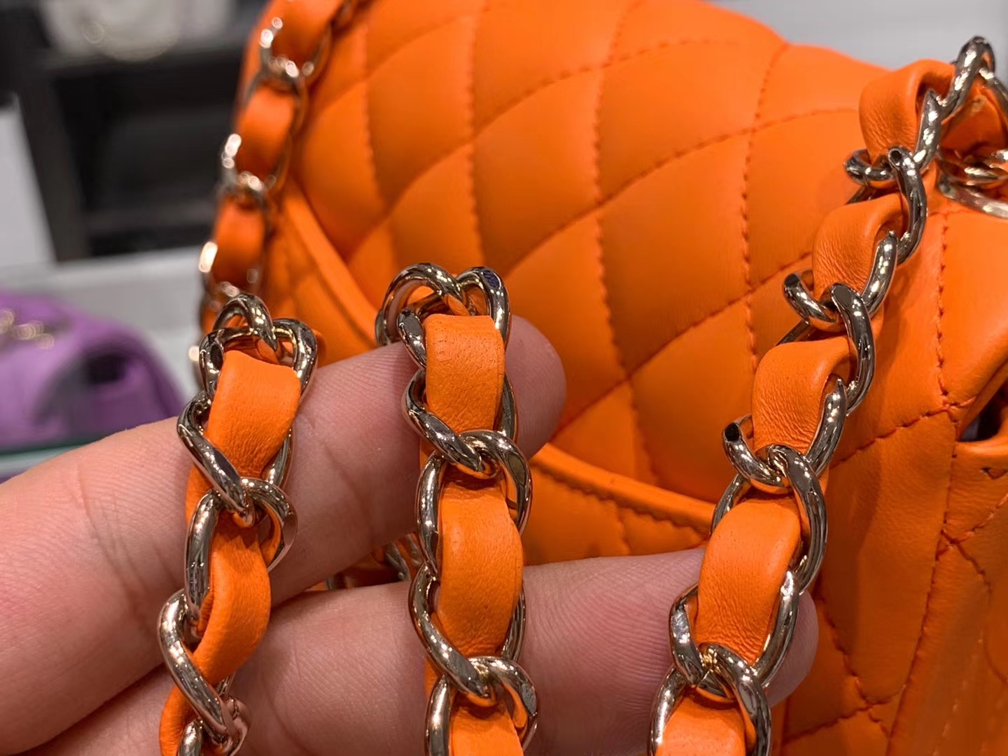 Chanel（香奈儿）cf # 链条包 方胖子 橘色 羊皮 金扣 金链 17cm