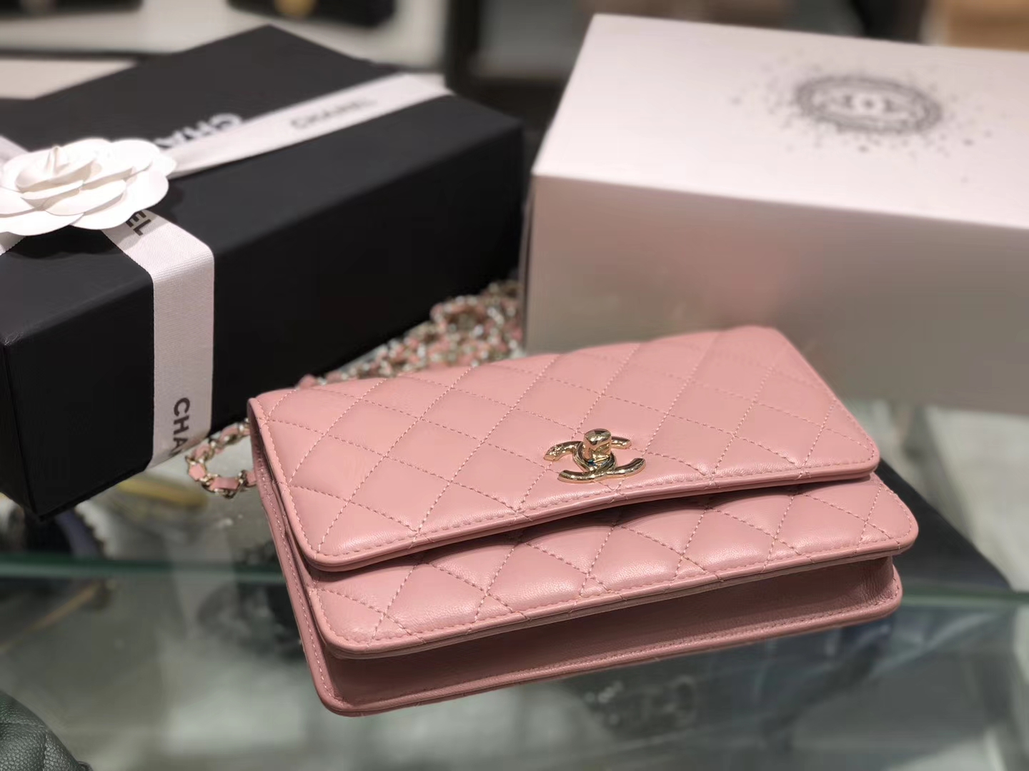 Chanel（香奈儿）trendy cc系列 手袋 woc 链子晚宴包 粉色 金扣 19cm