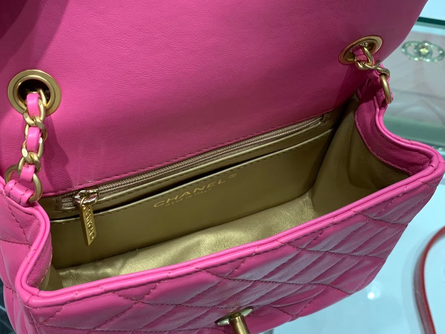 Chanel（香奈儿）cf # 链条包 方胖子 粉色 金扣 金链 17cm