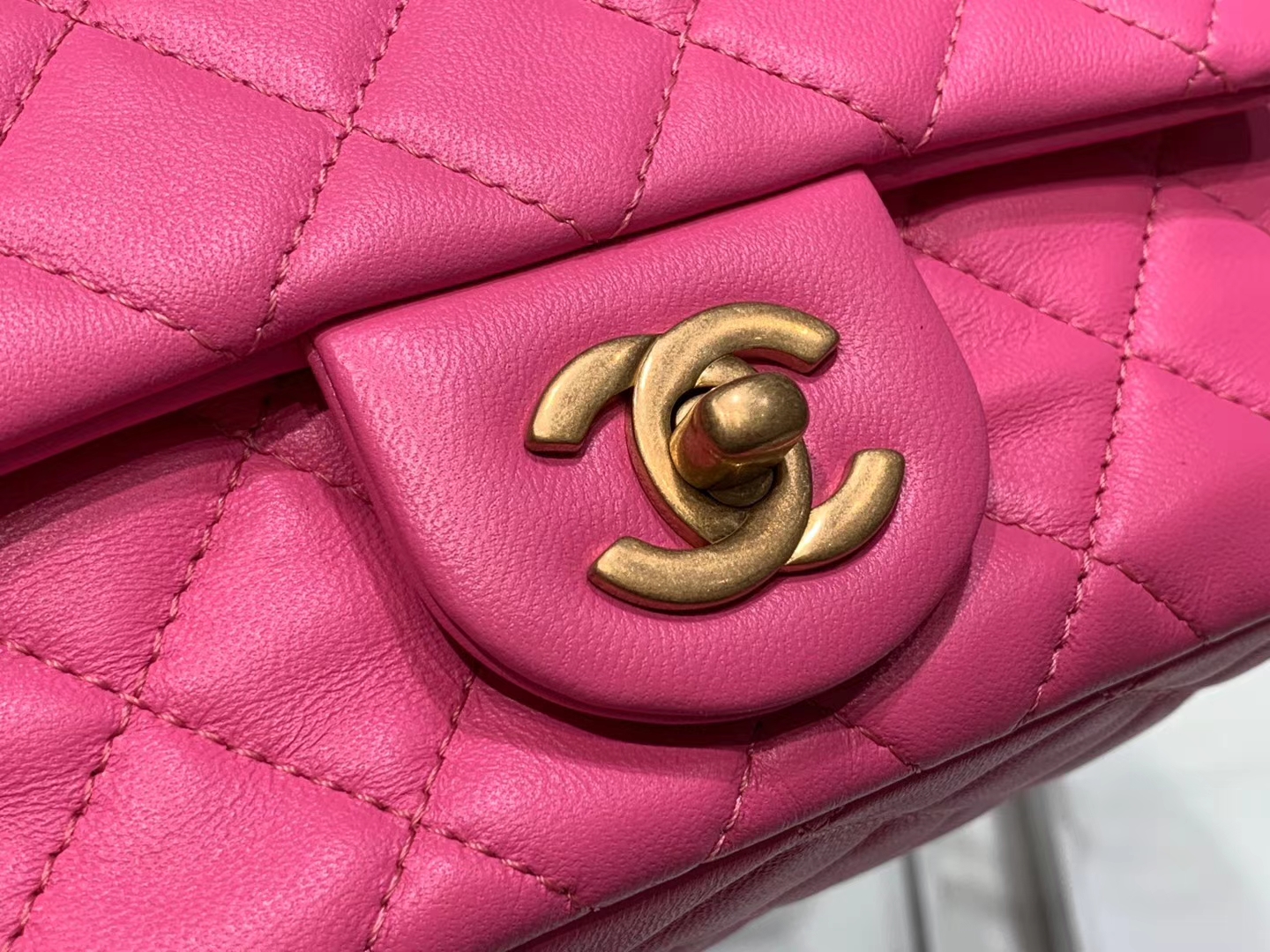 Chanel（香奈儿）cf # 链条包 方胖子 粉色 金扣 金链 17cm