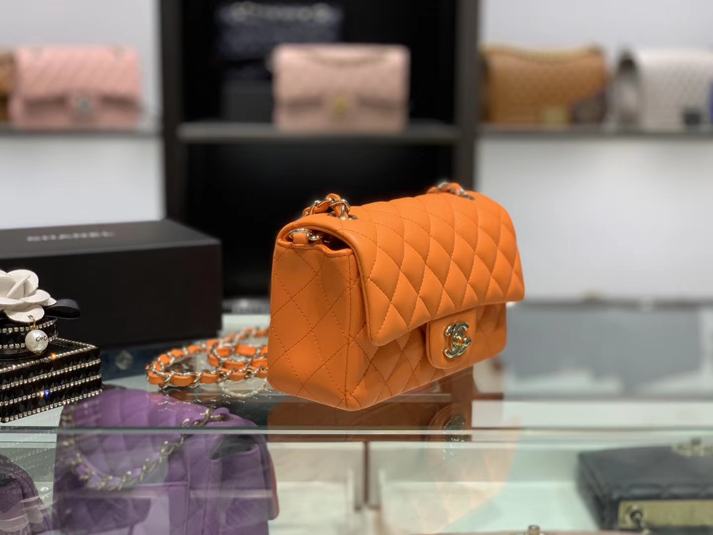 Chanel（香奈儿）cf # 链条包 mini 橘色 金扣 金链 20cm