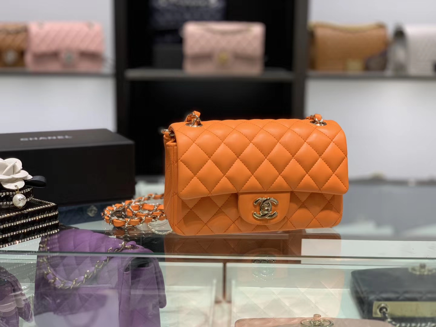 Chanel（香奈儿）cf # 链条包 mini 橘色 金扣 金链 20cm
