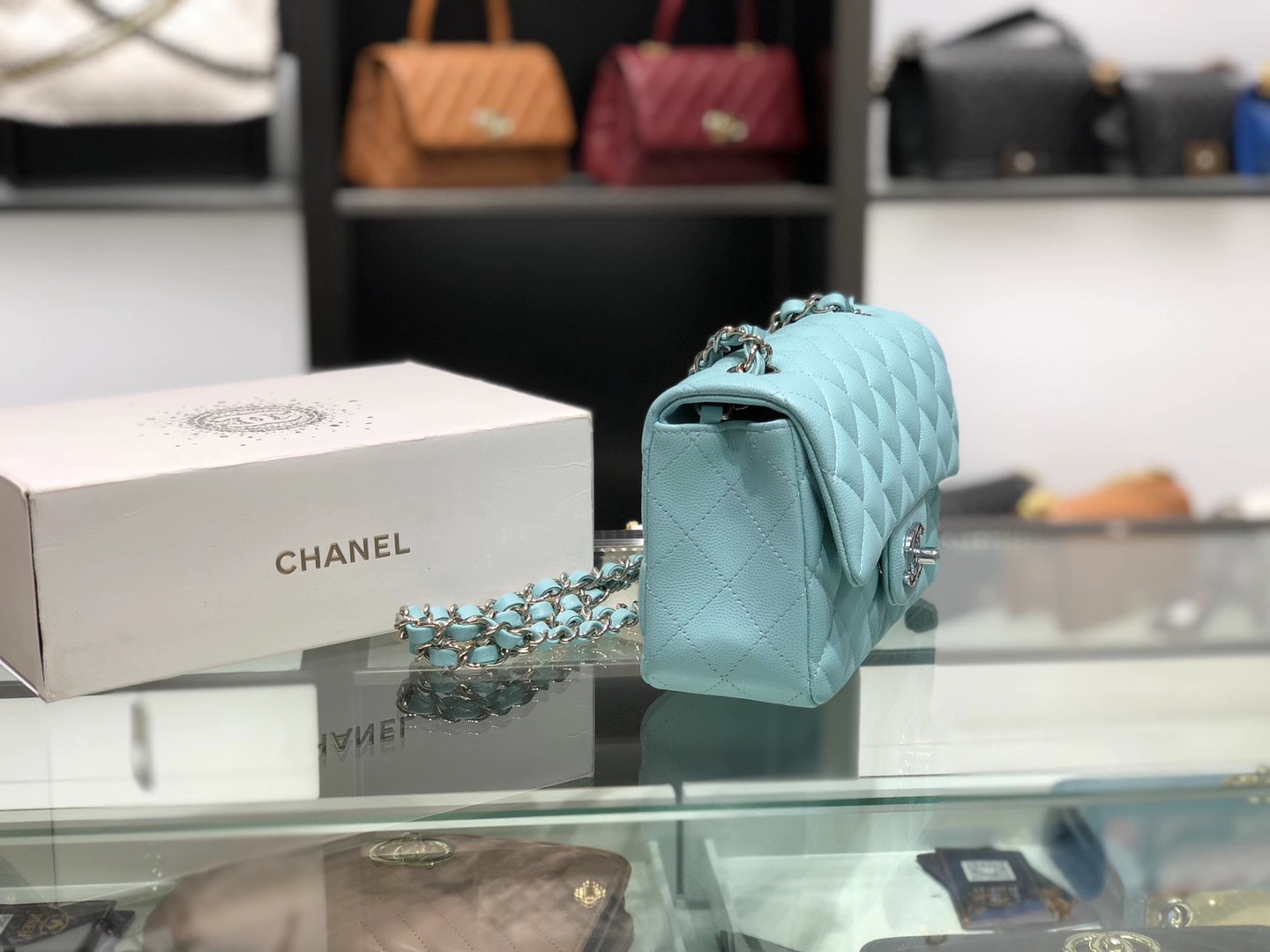 Chanel（香奈儿）cf  链条包 薄荷蓝 细球纹 银扣 银链 17cm