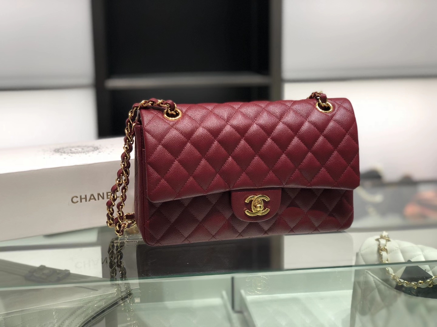Chanel（香奈儿）cf # 链条包 酒红色 细球纹 金扣 金链 25cm