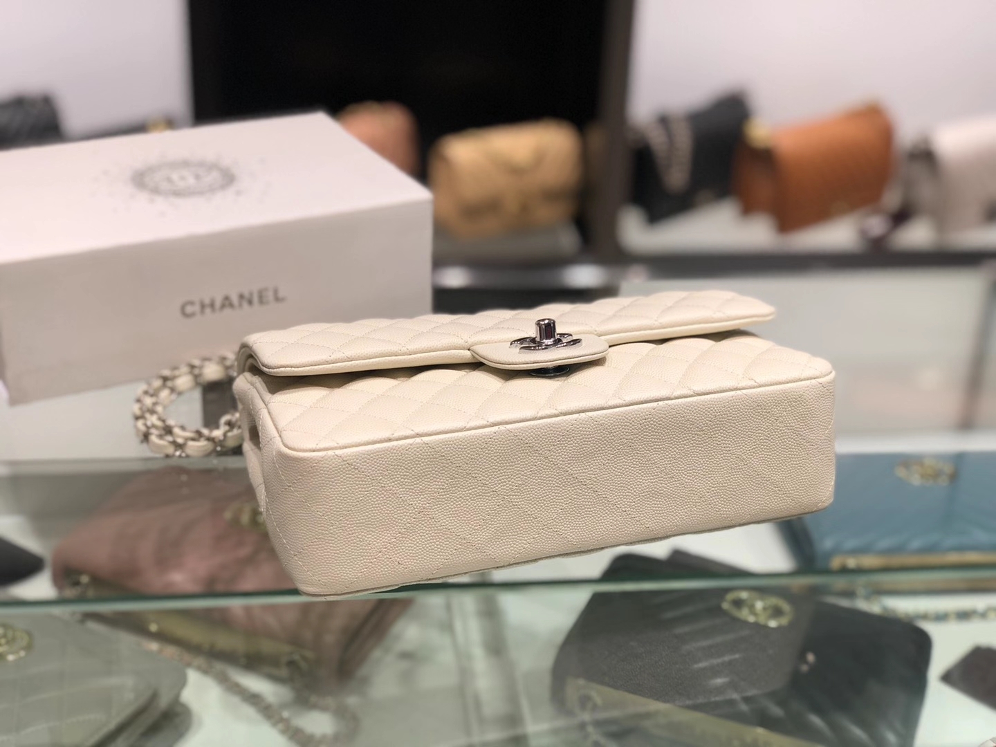 Chanel（香奈儿）cf # 链条包 奶昔白 细球纹 银扣 银链 25cm