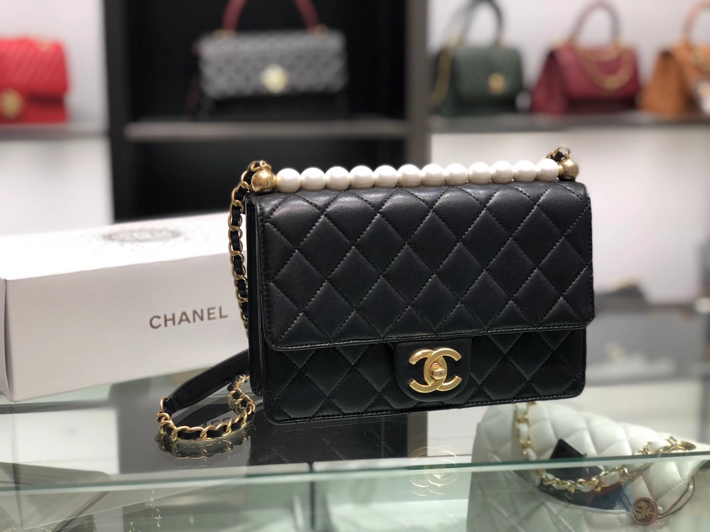 Chanel（香奈儿）横款 珍珠 链条包 黑色 16×21×4