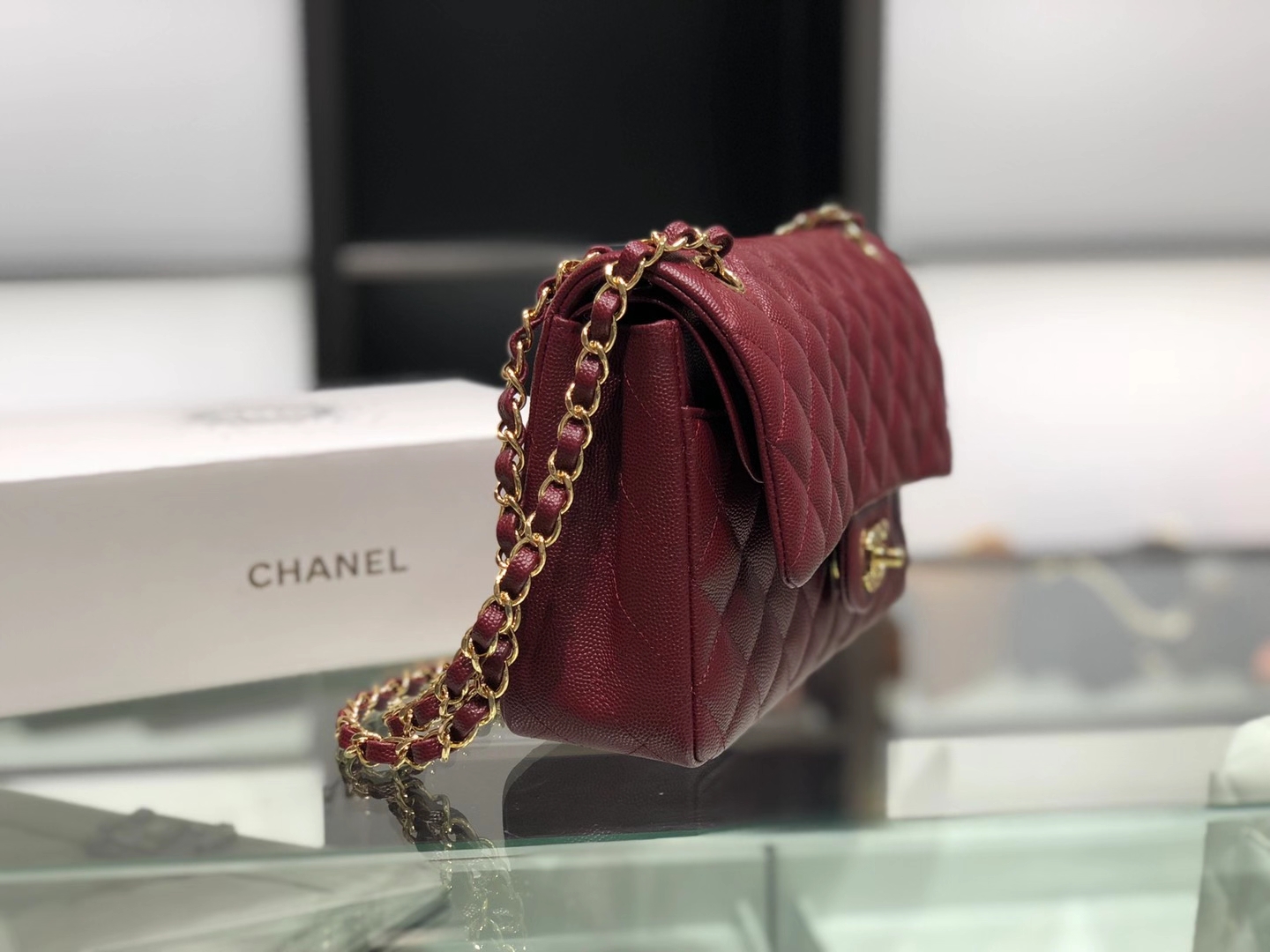 Chanel（香奈儿）cf # 链条包 酒红色 细球纹 金扣 金链 25cm