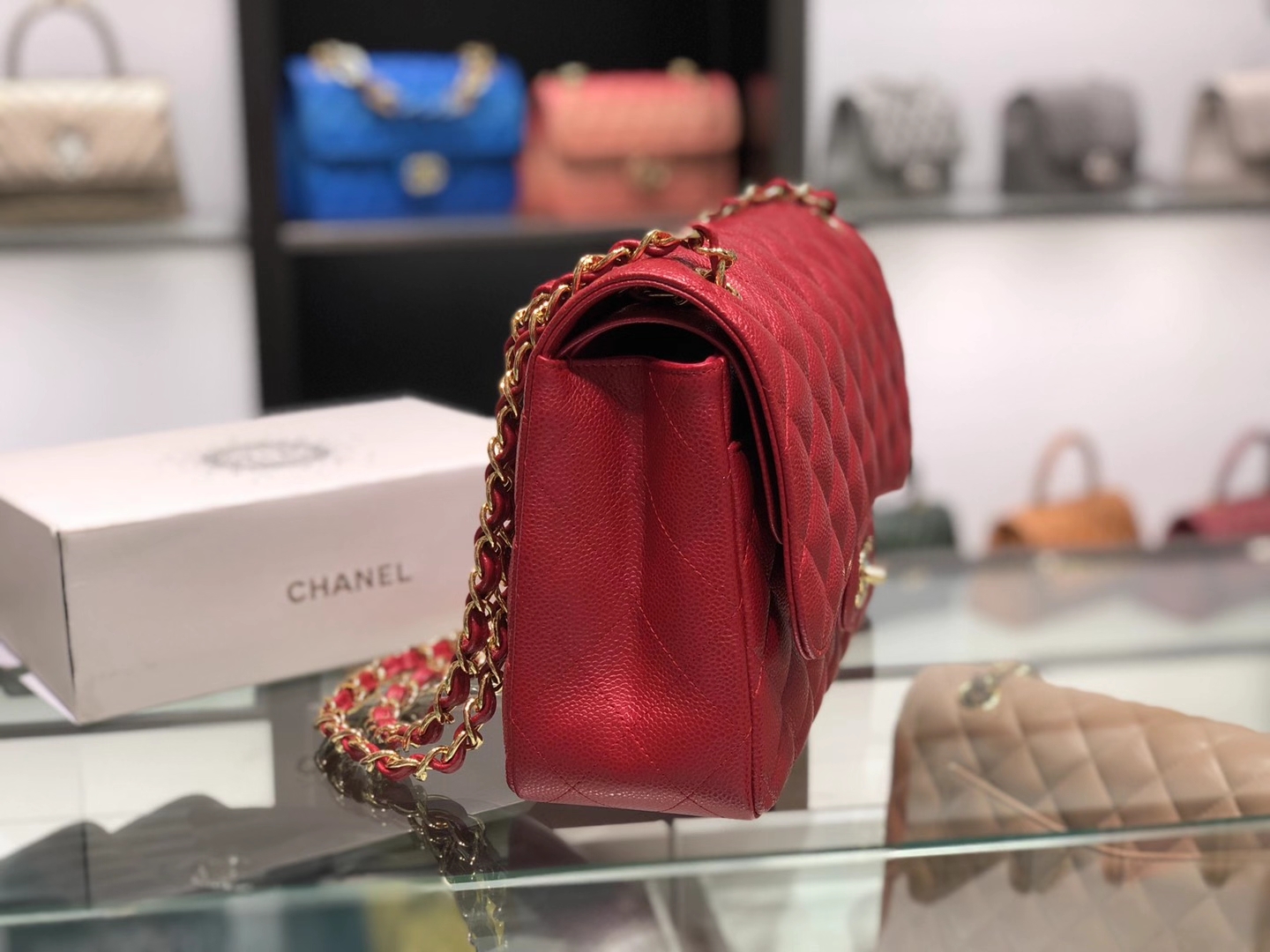 Chanel（香奈儿）cf jumbo 链条包 中国红 金扣 金链 30cm