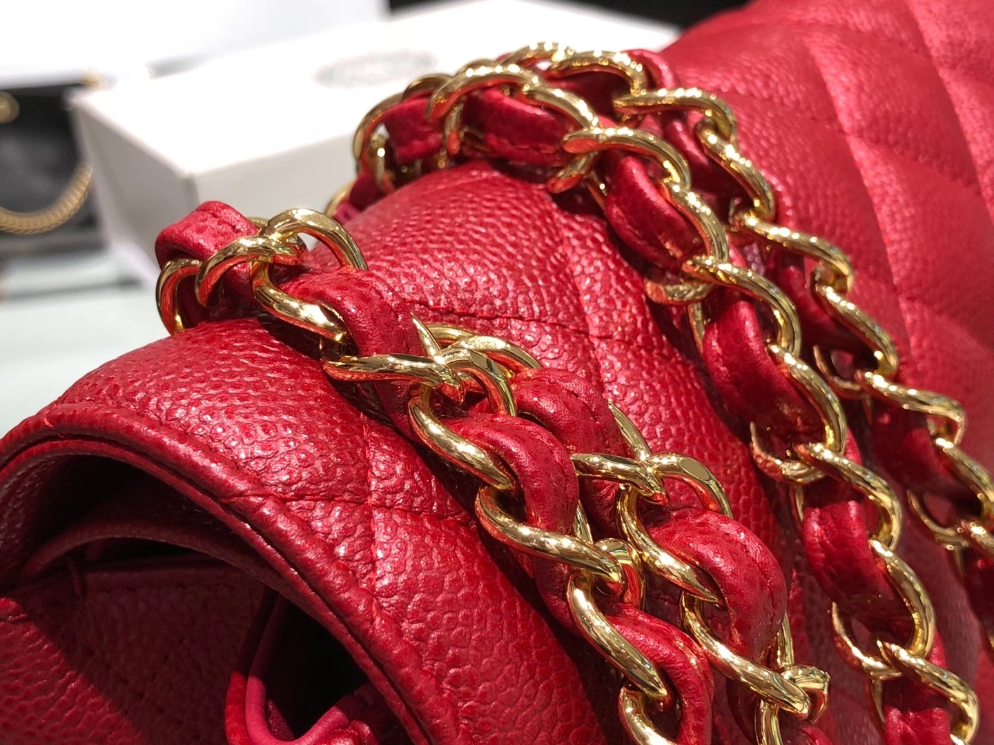 Chanel（香奈儿）cf jumbo 链条包 中国红 金扣 金链 30cm
