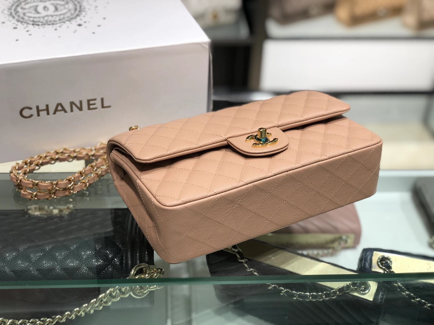 Chanel（香奈儿）cf 链条包 奶茶色 细球纹 菱格包 金扣 金链 25cm