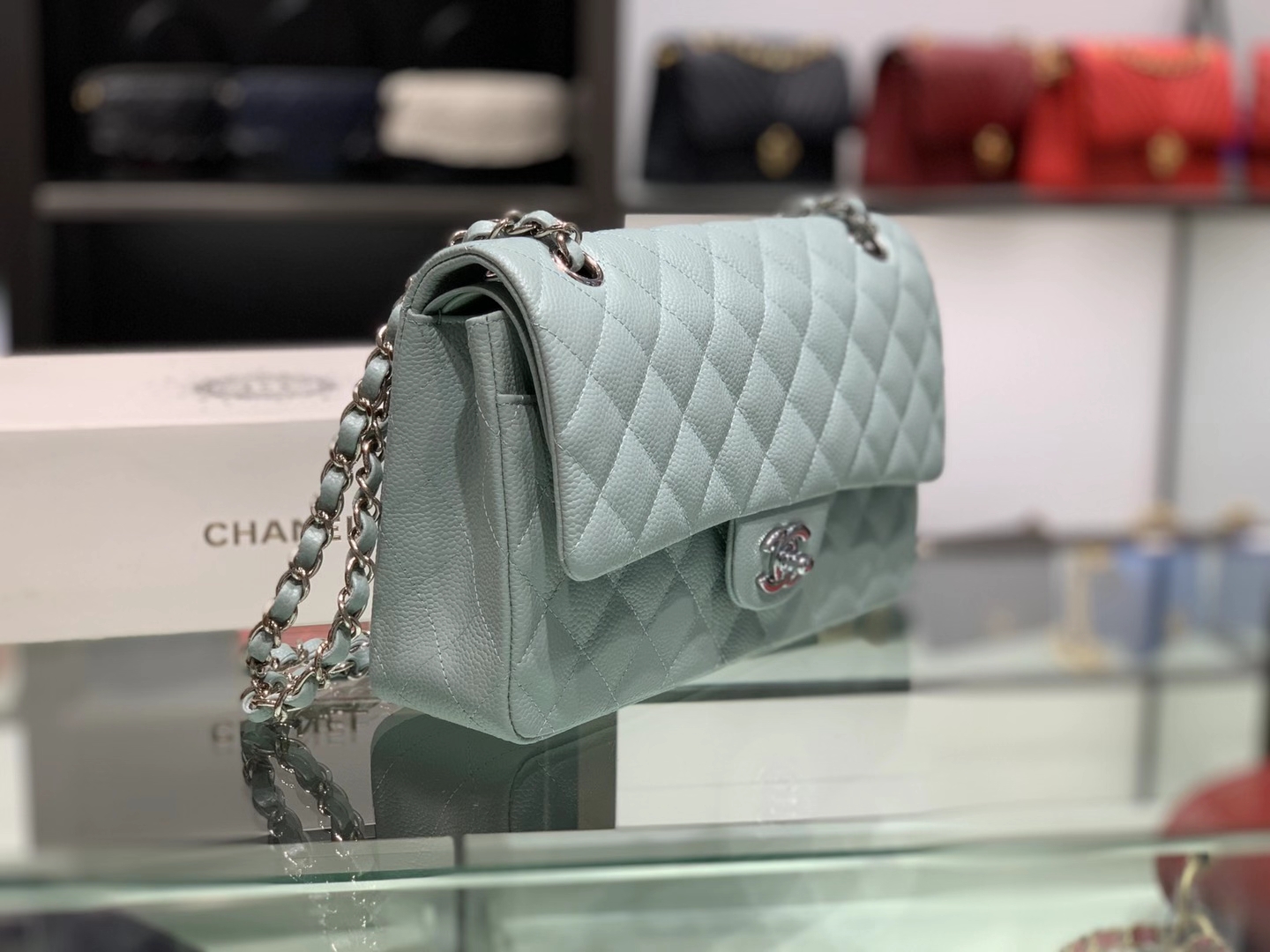 Chanel（香奈儿）cf 链条包 中号 经典口盖包 薄荷蓝 银扣 银链 25cm