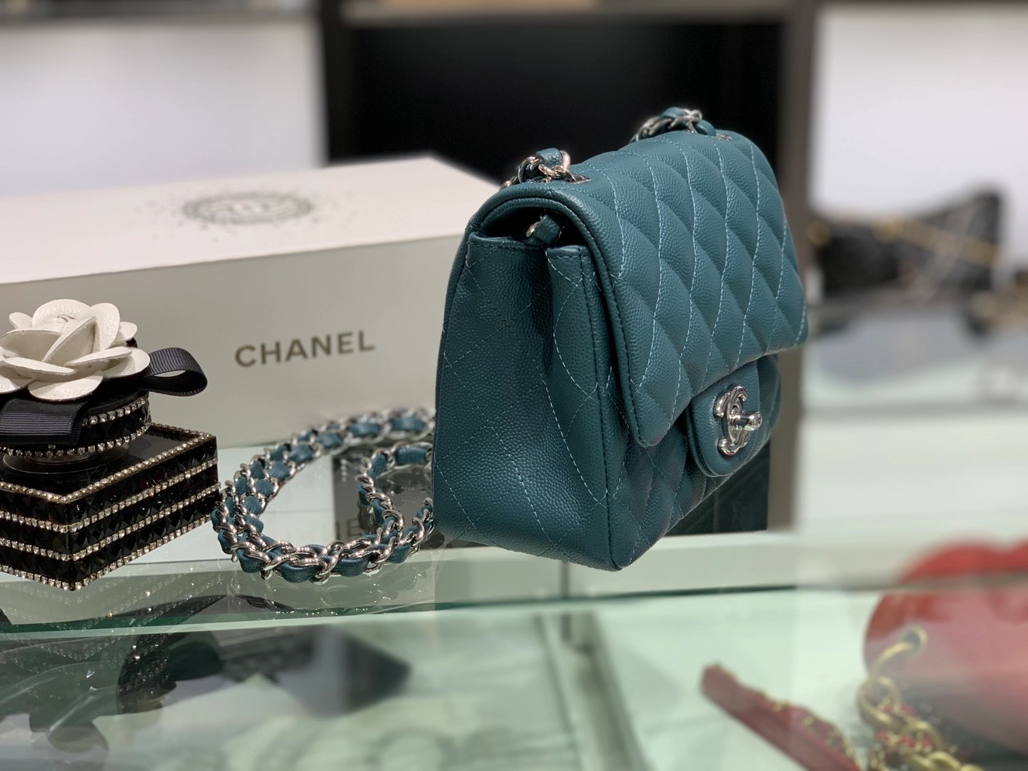 Chanel（香奈儿）最火 cf 链条包 靛青色 方胖子 细球纹 银扣 银链 17cm