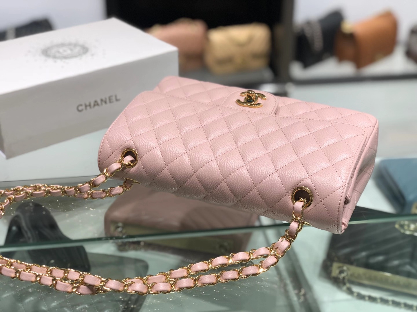 Chanel（香奈儿）cf 链条包 中号 经典口盖包 藕粉色 金扣 金链 25cm