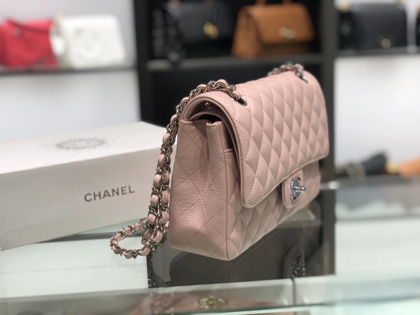 Chanel（香奈儿）cf 链条包 中号 经典口盖包 藕粉色 银扣 银链 25cm