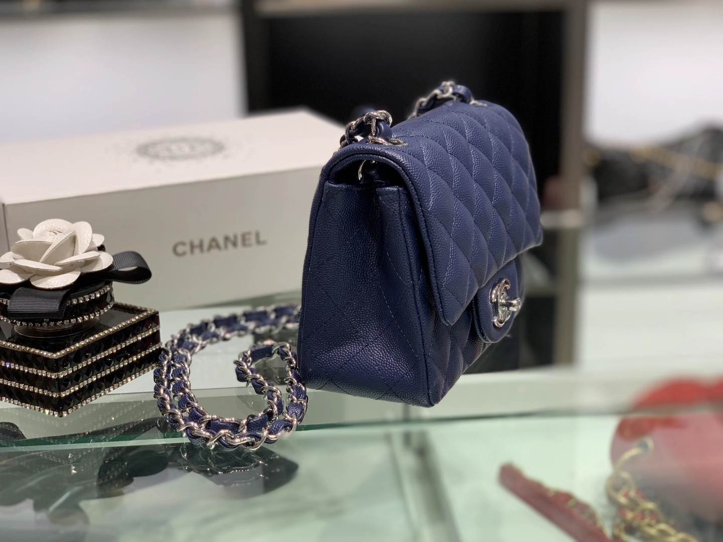 Chanel（香奈儿）最火 cf 链条包 宝石蓝 方胖子 细球纹 银扣 银链 17cm