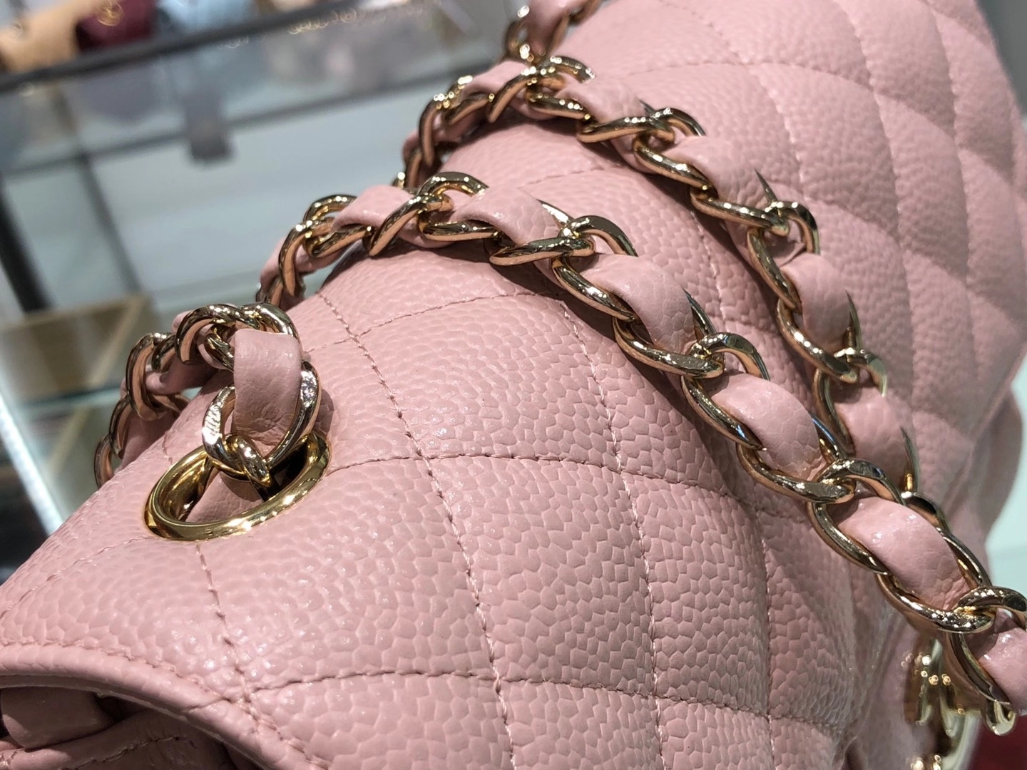 Chanel（香奈儿）cf 链条包 樱花粉 细球纹 菱格包 金扣 金链 20cm
