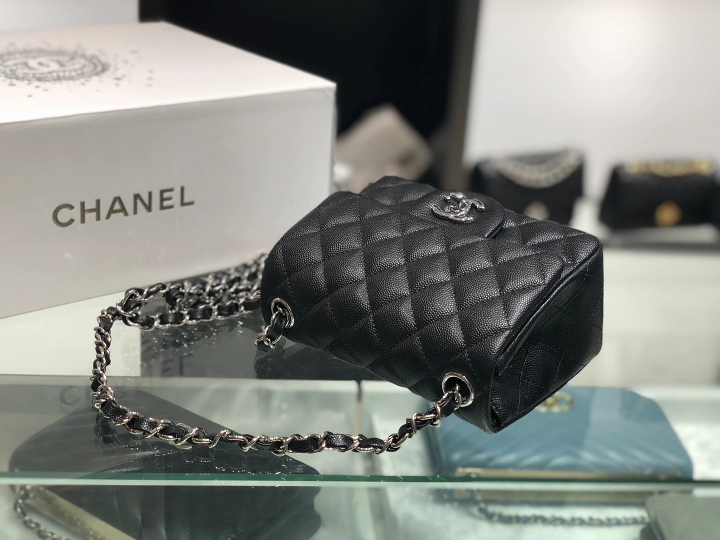 Chanel（香奈儿）cf 链条包 经典黑 细球纹 银扣 银链 17cm